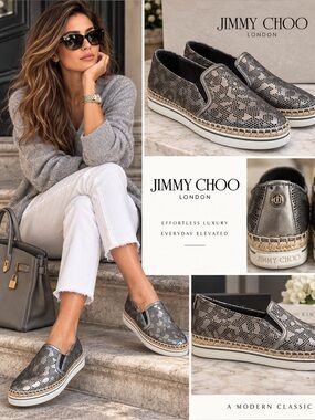 Jimmy Choo Dawn Metallic Silver Perforated Leather Espadrille Sneakers 37
